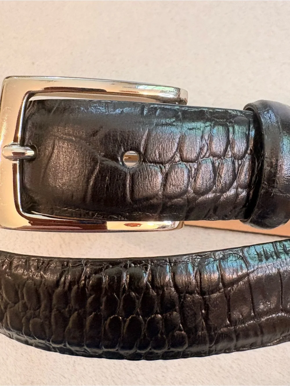Black Croc-Embossed Italian Leather Belt Silver Solid Brass Buckle Sz 38